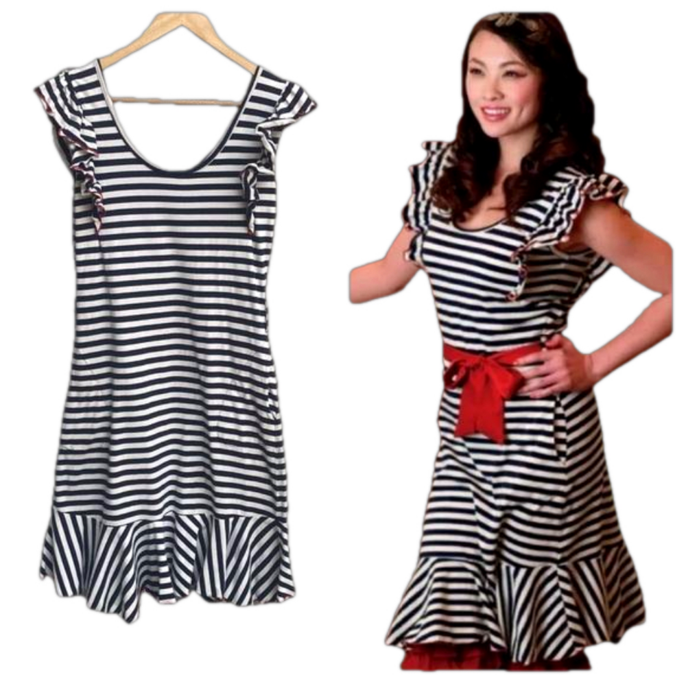 Effie's Heart Navy and White Striped Ruffle Midi Dress with Red Sash